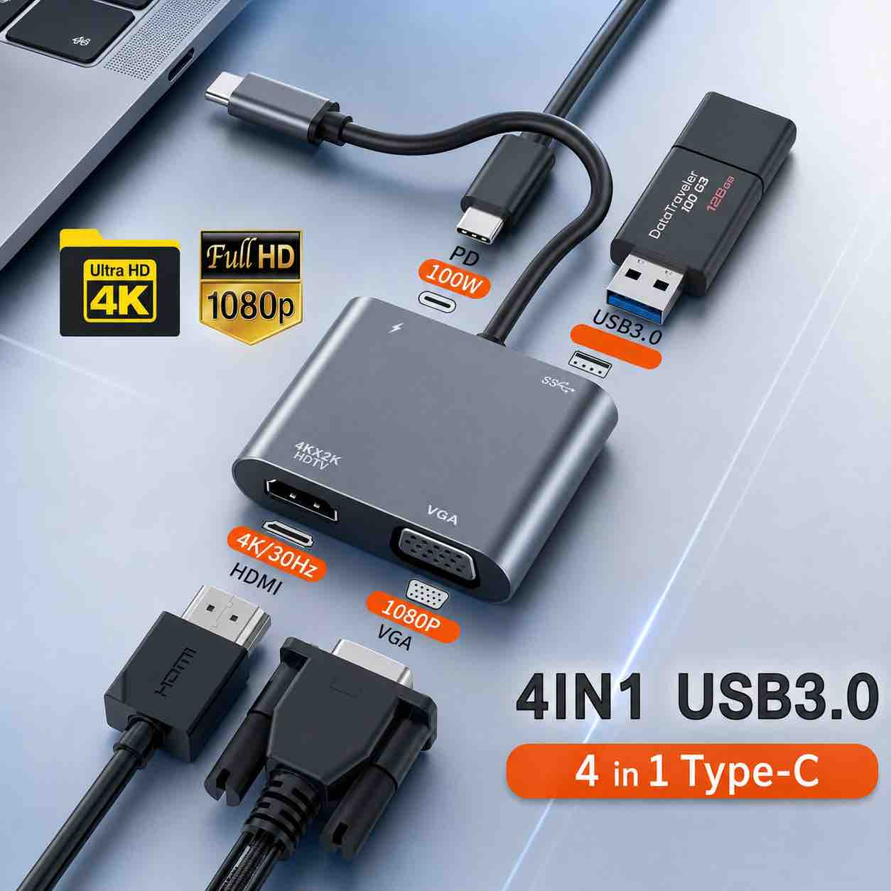 Adaptador USB C para HDMI+VGA+USB 3.0+USB C PD 100W